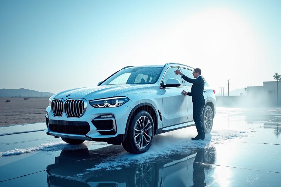 Clean car being washed in Qatar's desert environment