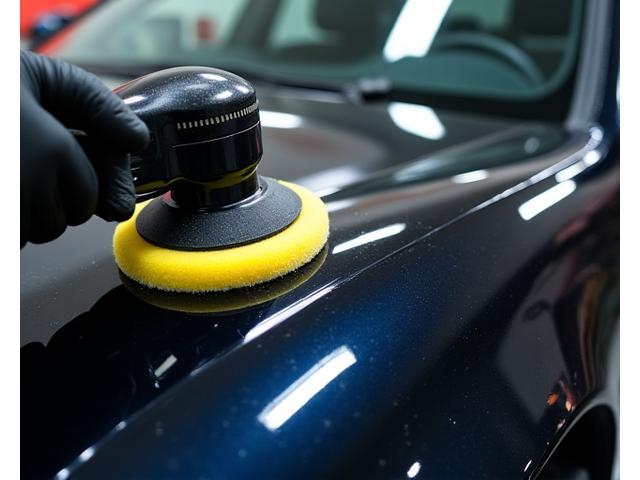 Car exterior being polished with a detailing machine