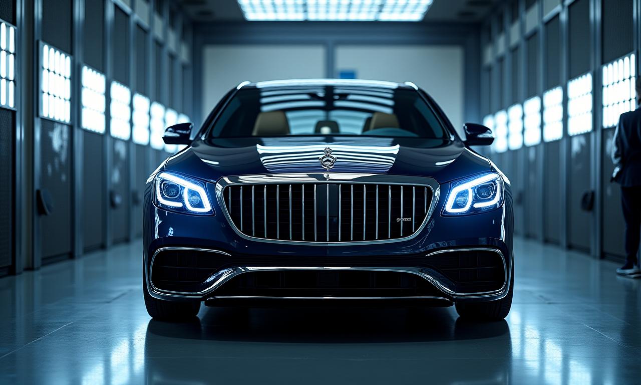 Luxury car being detailed under bright lights in Qatar