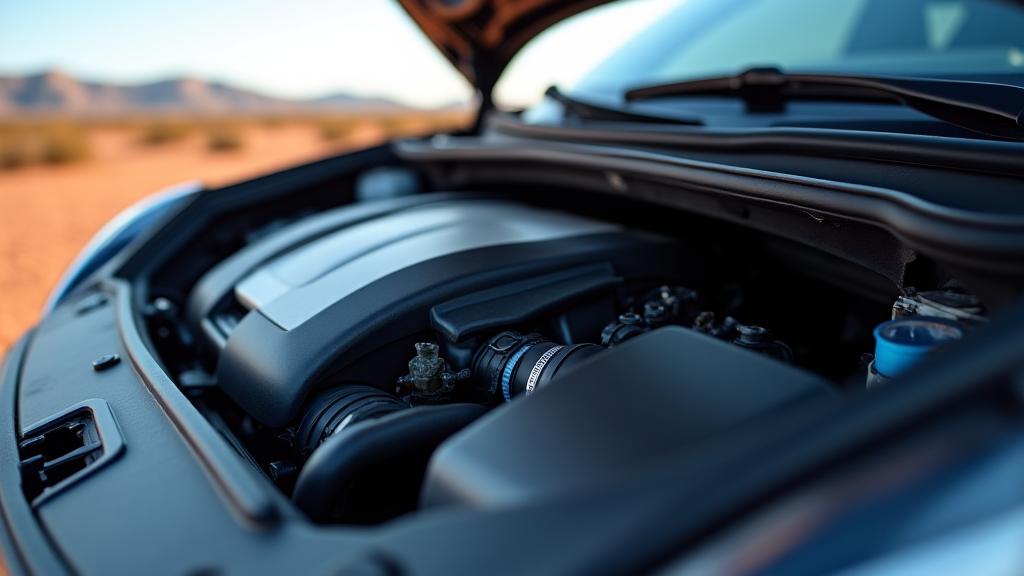 Close-up of a car engine under the hood in a desert setting, symbolizing preventive maintenance for extreme climates.